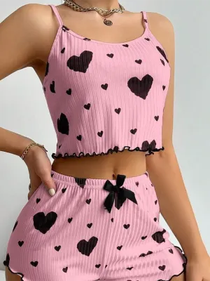 Heart Print Crop Top & Shorts Set - From Daywear to Nightwear