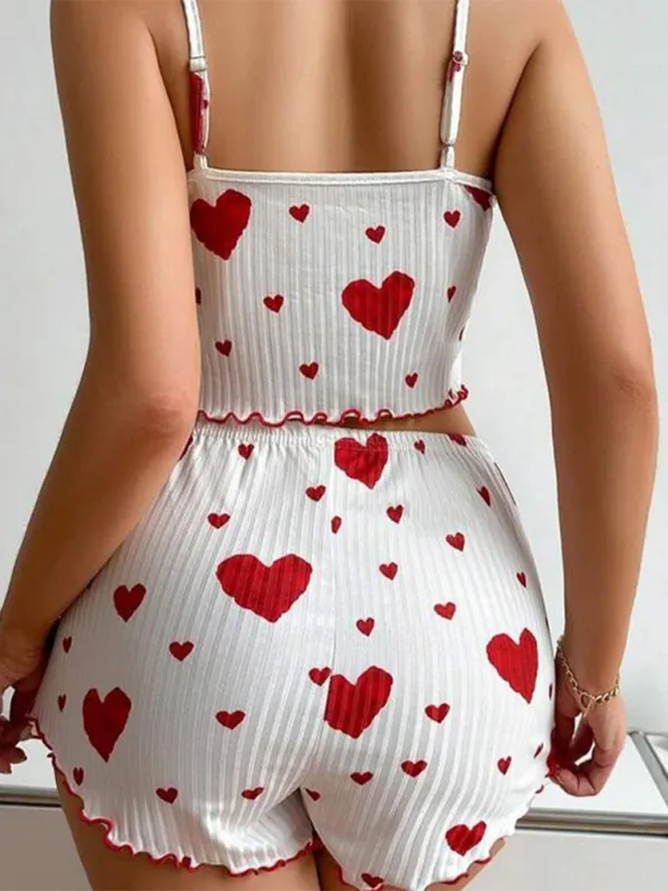 Heart Print Crop Top & Shorts Set - From Daywear to Nightwear