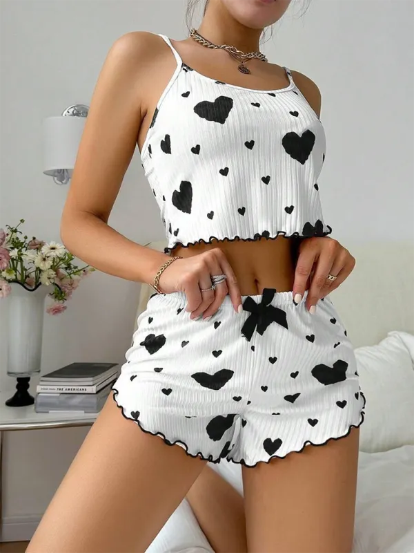 Heart Print Crop Top & Shorts Set - From Daywear to Nightwear
