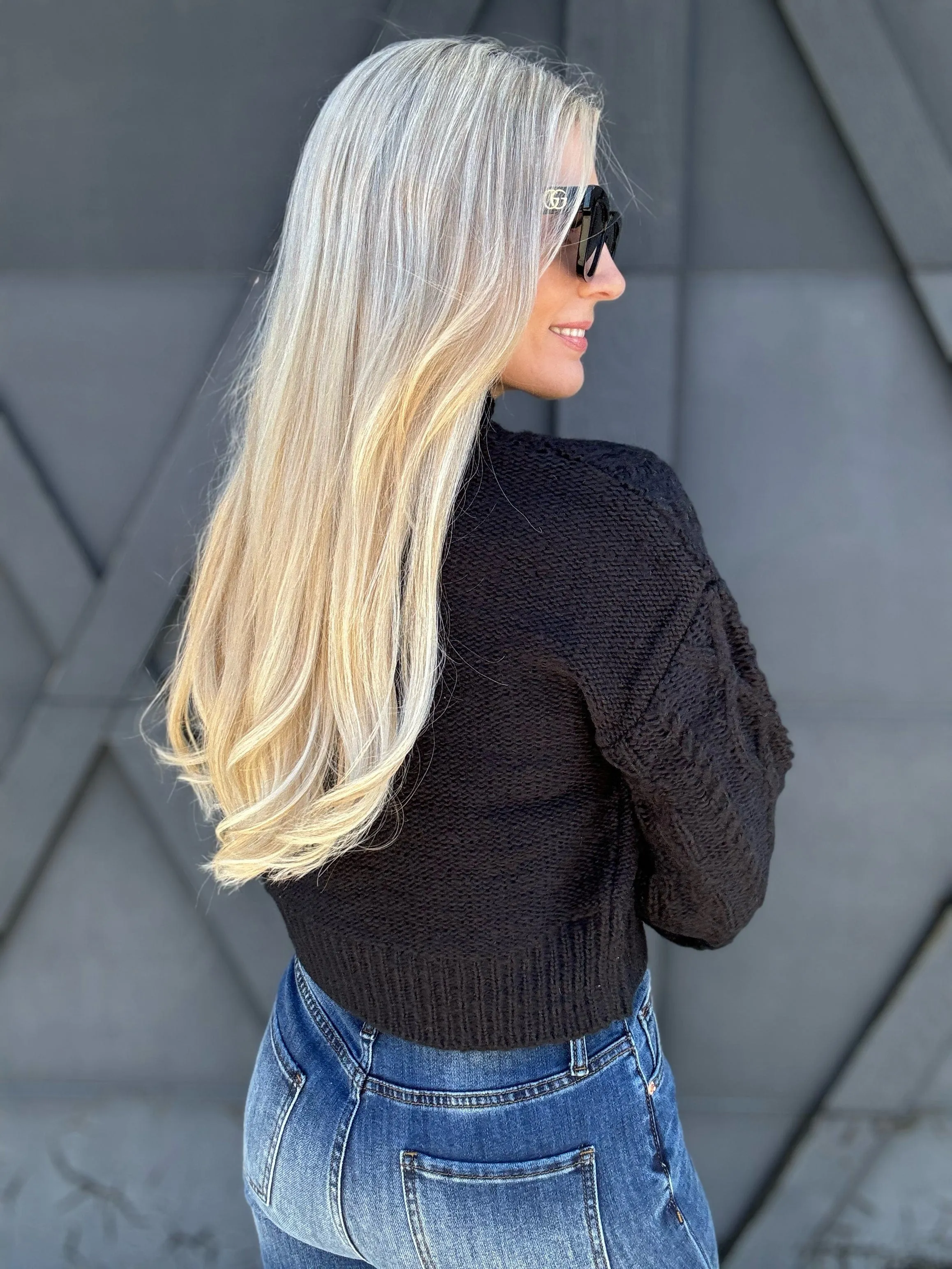 High Neck Cable Knit Sweater In Black