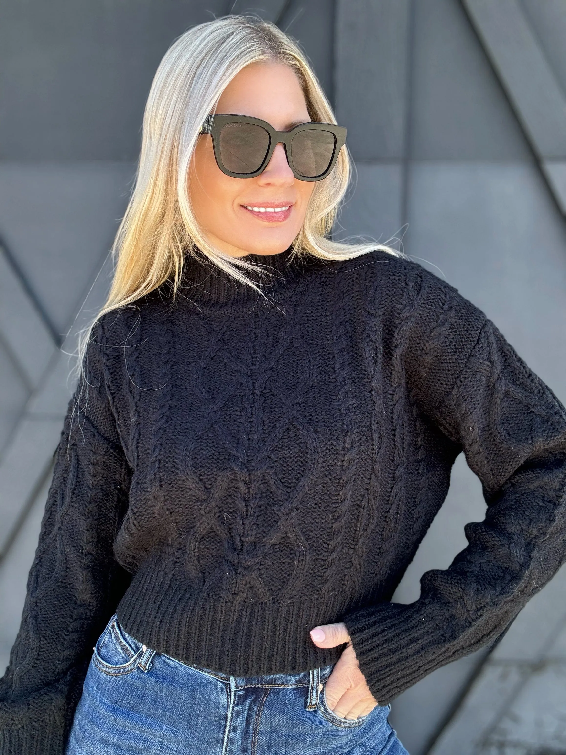 High Neck Cable Knit Sweater In Black