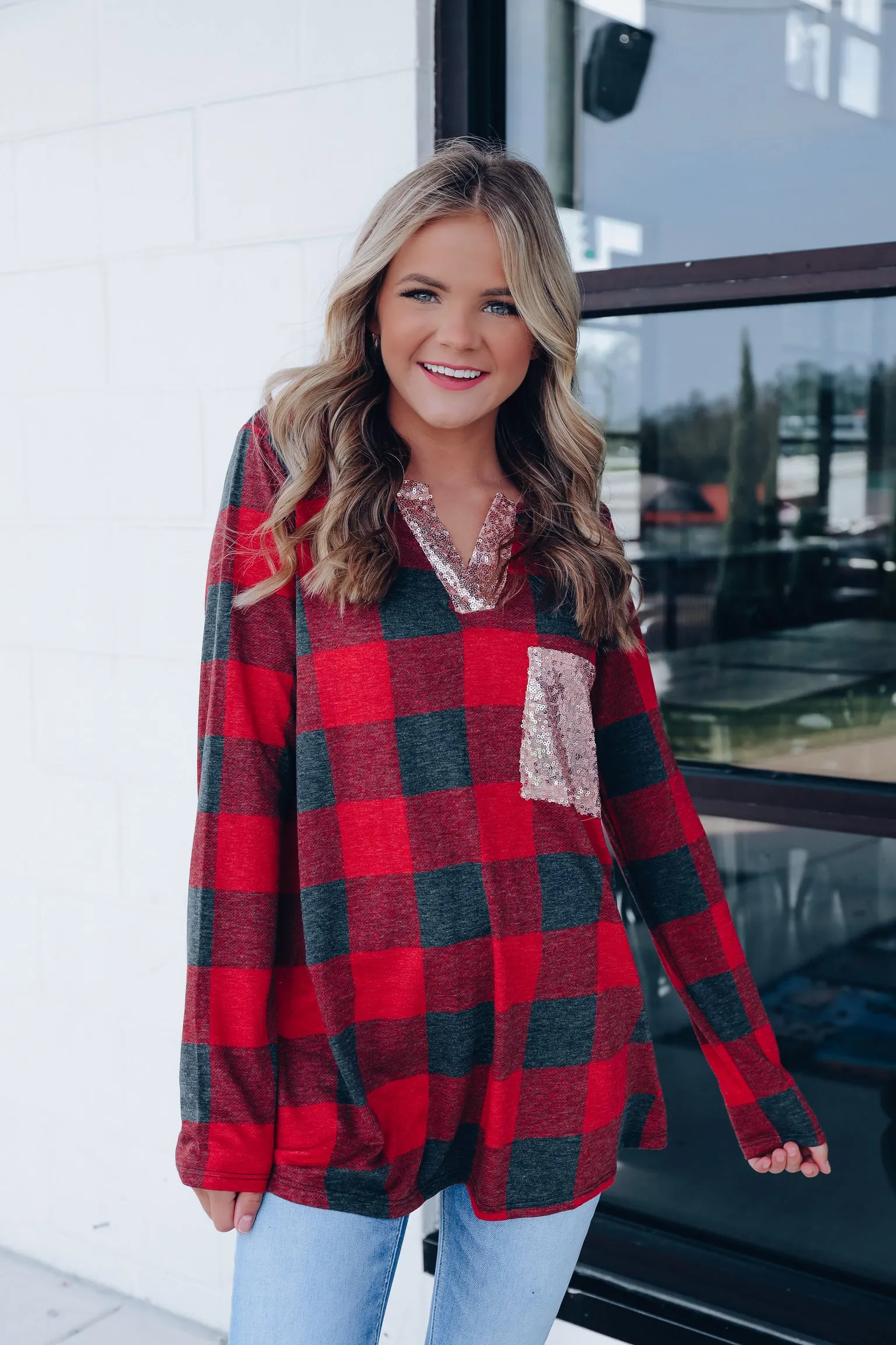 Holly Buffalo Plaid Sequin Top- Red