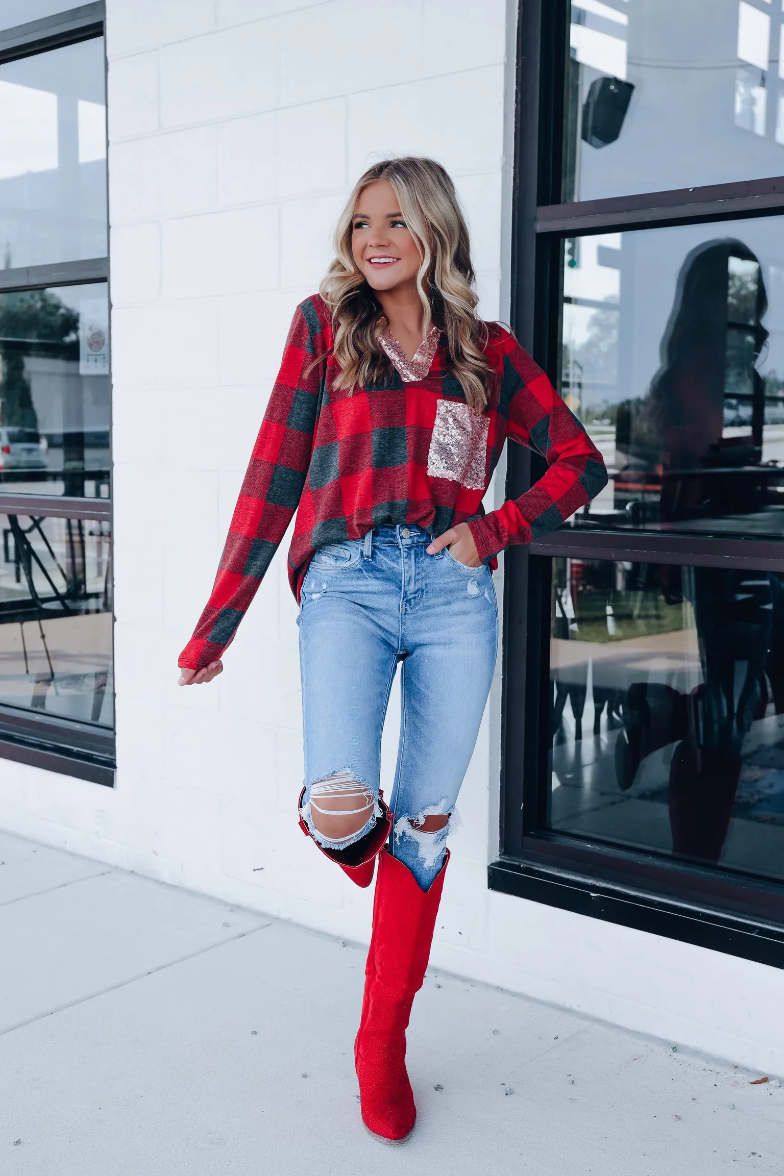 Holly Buffalo Plaid Sequin Top- Red