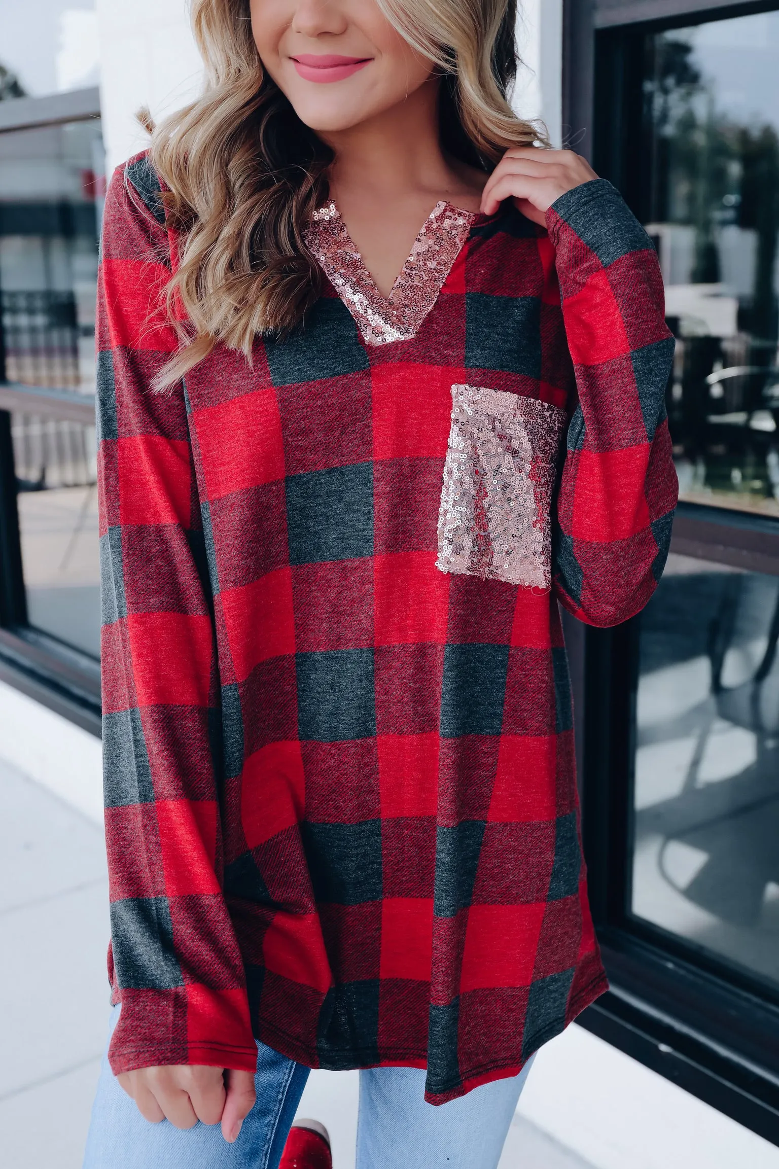 Holly Buffalo Plaid Sequin Top- Red