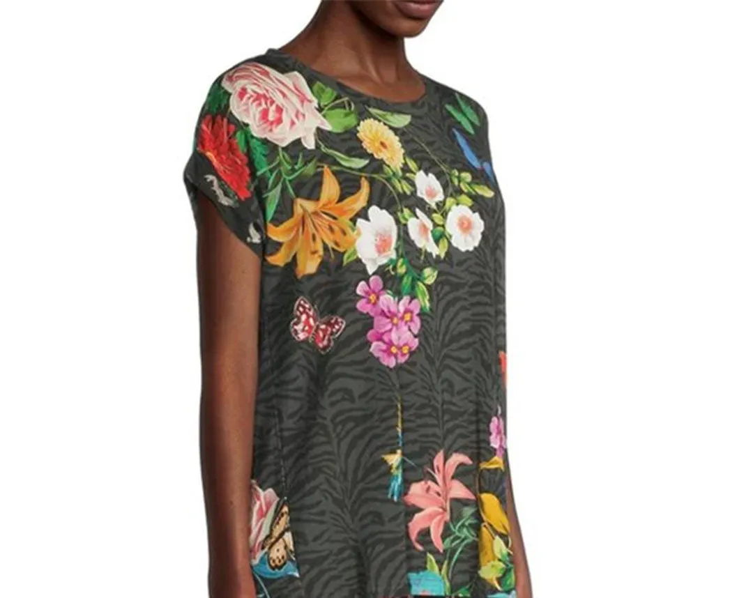 Johnny Was Blooming Breeze SHORT SLEEVE CREW NECK Black TEE TOP SHIRT NEW