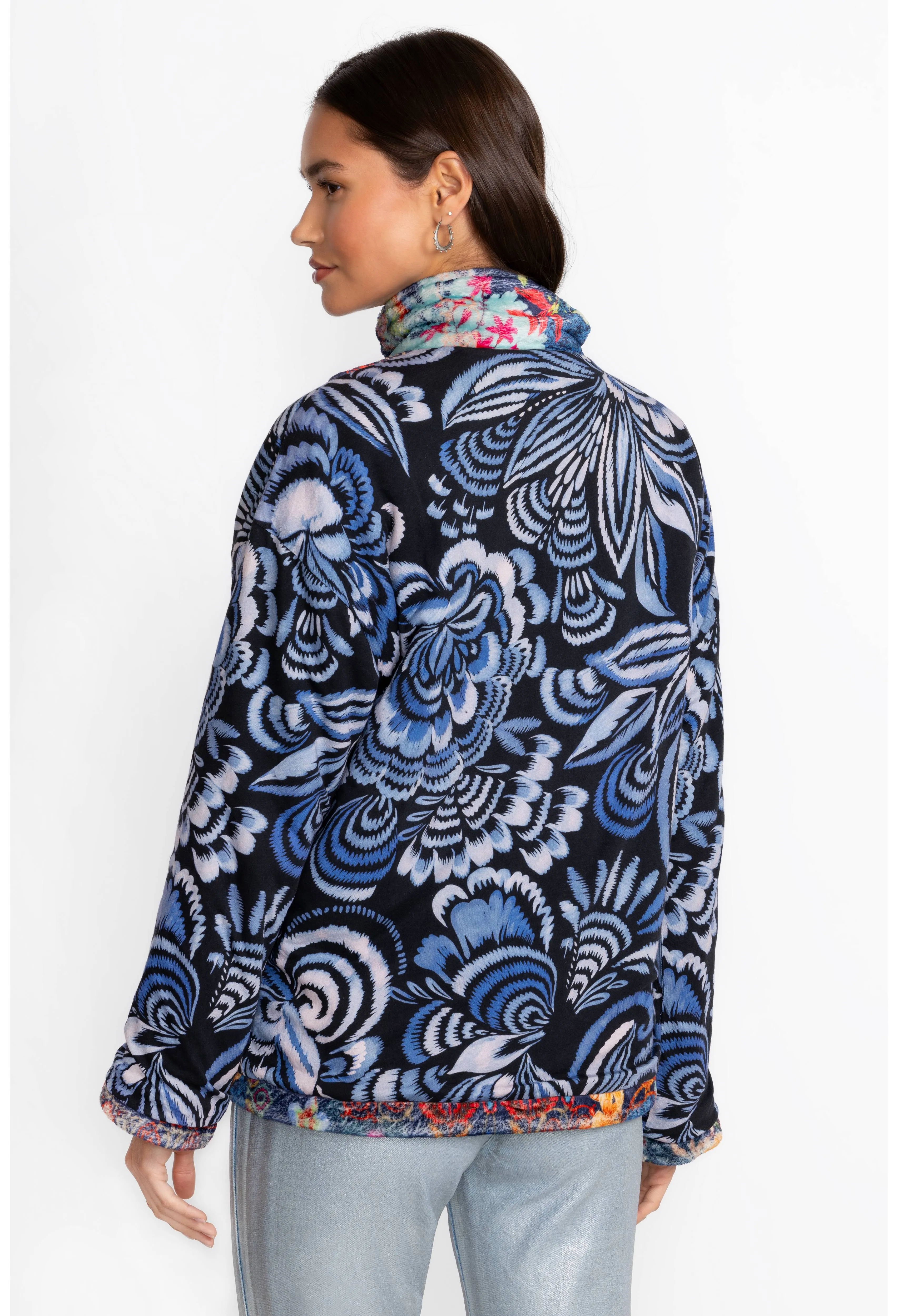 Johnny Was Joan Zip Cozy Sherpa Jacket Reversible Floral Mcdreamer Night Blue NEW