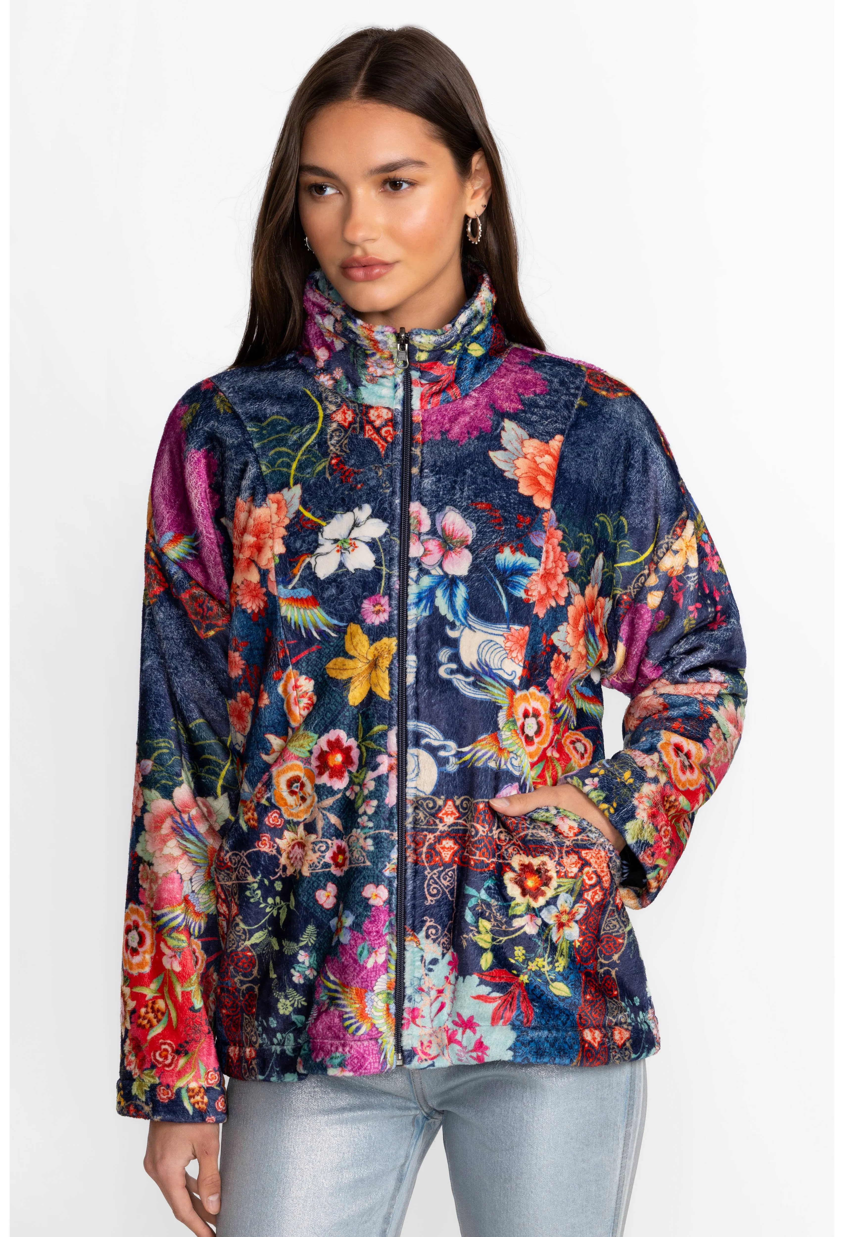 Johnny Was Joan Zip Cozy Sherpa Jacket Reversible Floral Mcdreamer Night Blue NEW