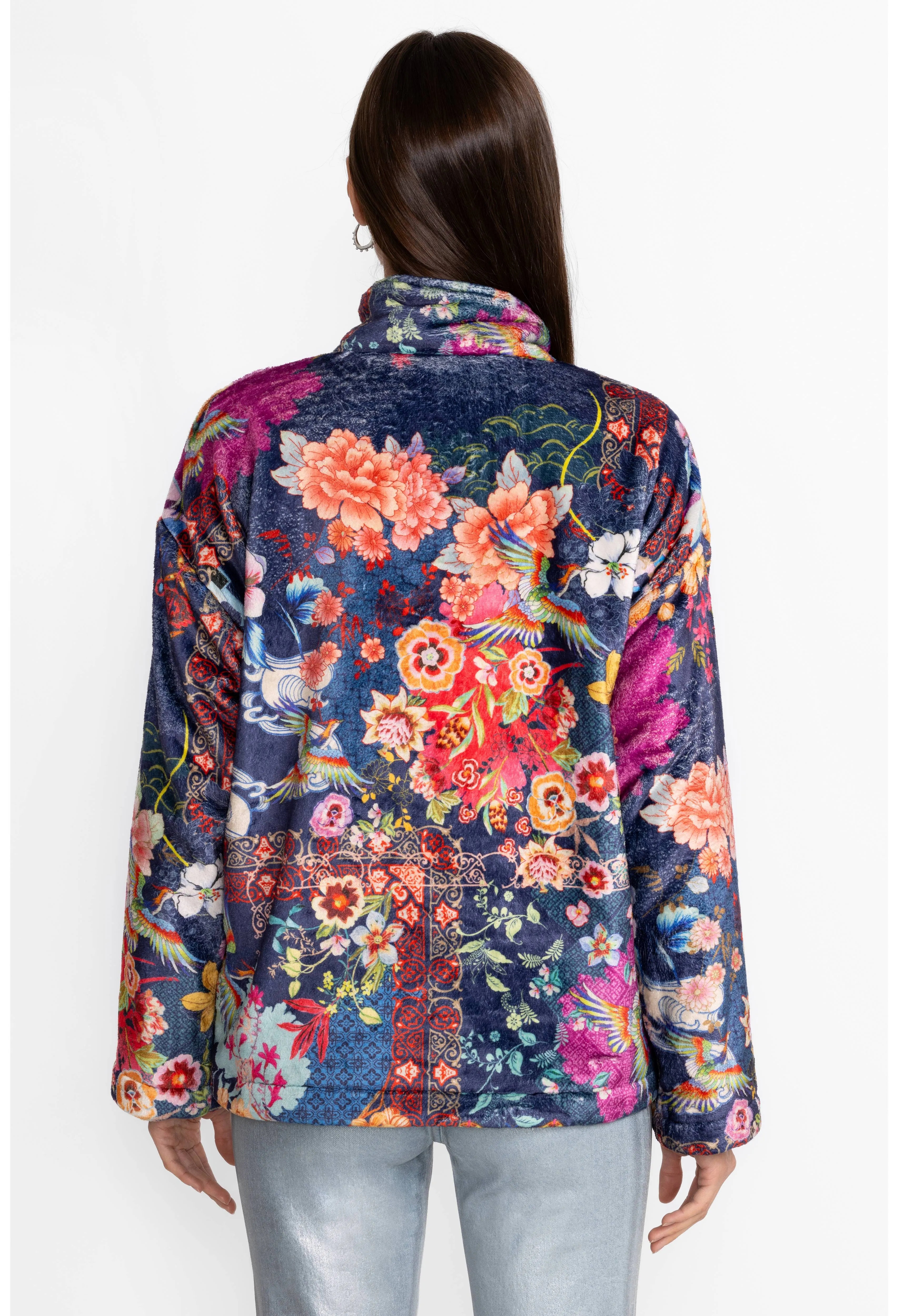 Johnny Was Joan Zip Cozy Sherpa Jacket Reversible Floral Mcdreamer Night Blue NEW