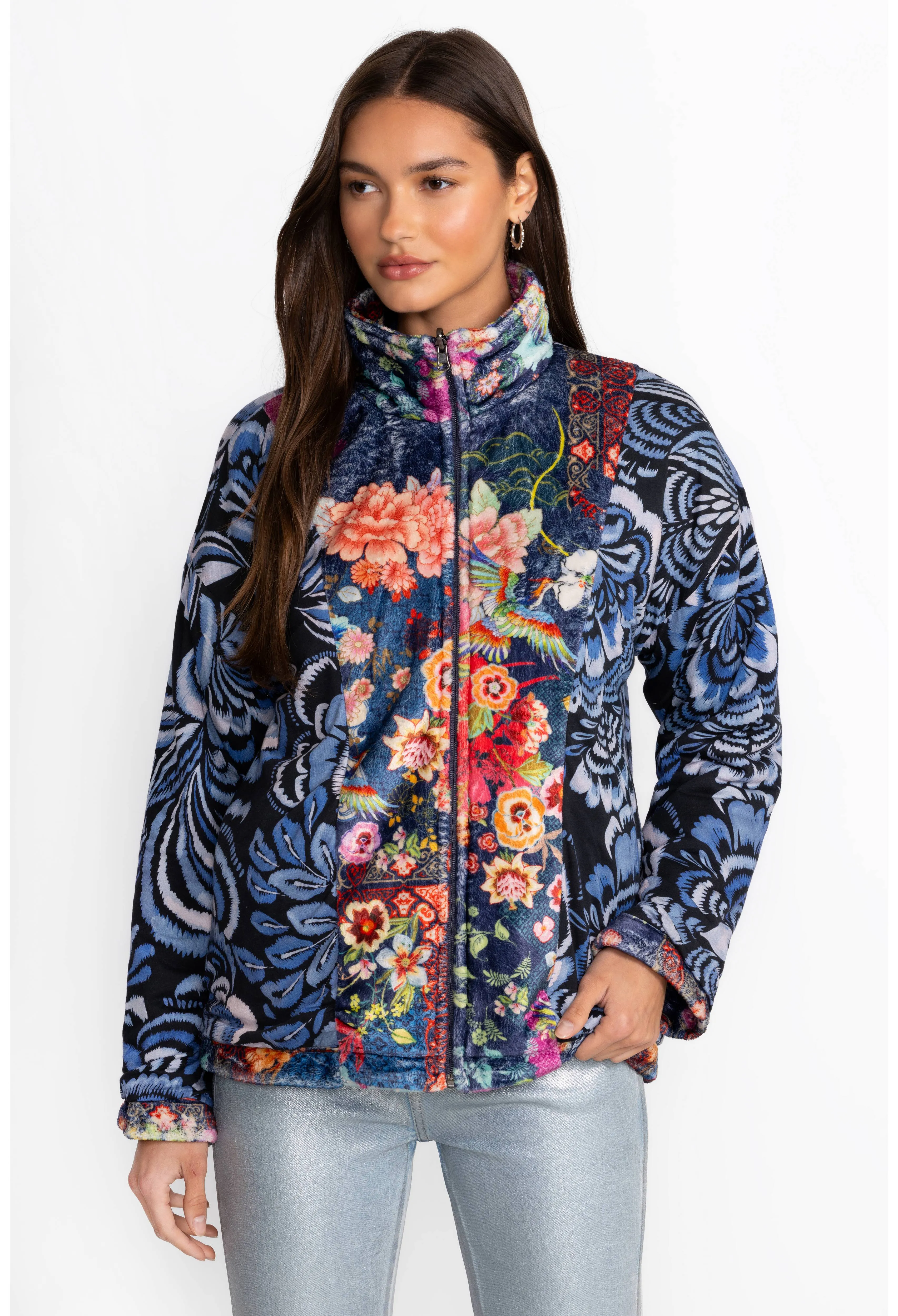 Johnny Was Joan Zip Cozy Sherpa Jacket Reversible Floral Mcdreamer Night Blue NEW