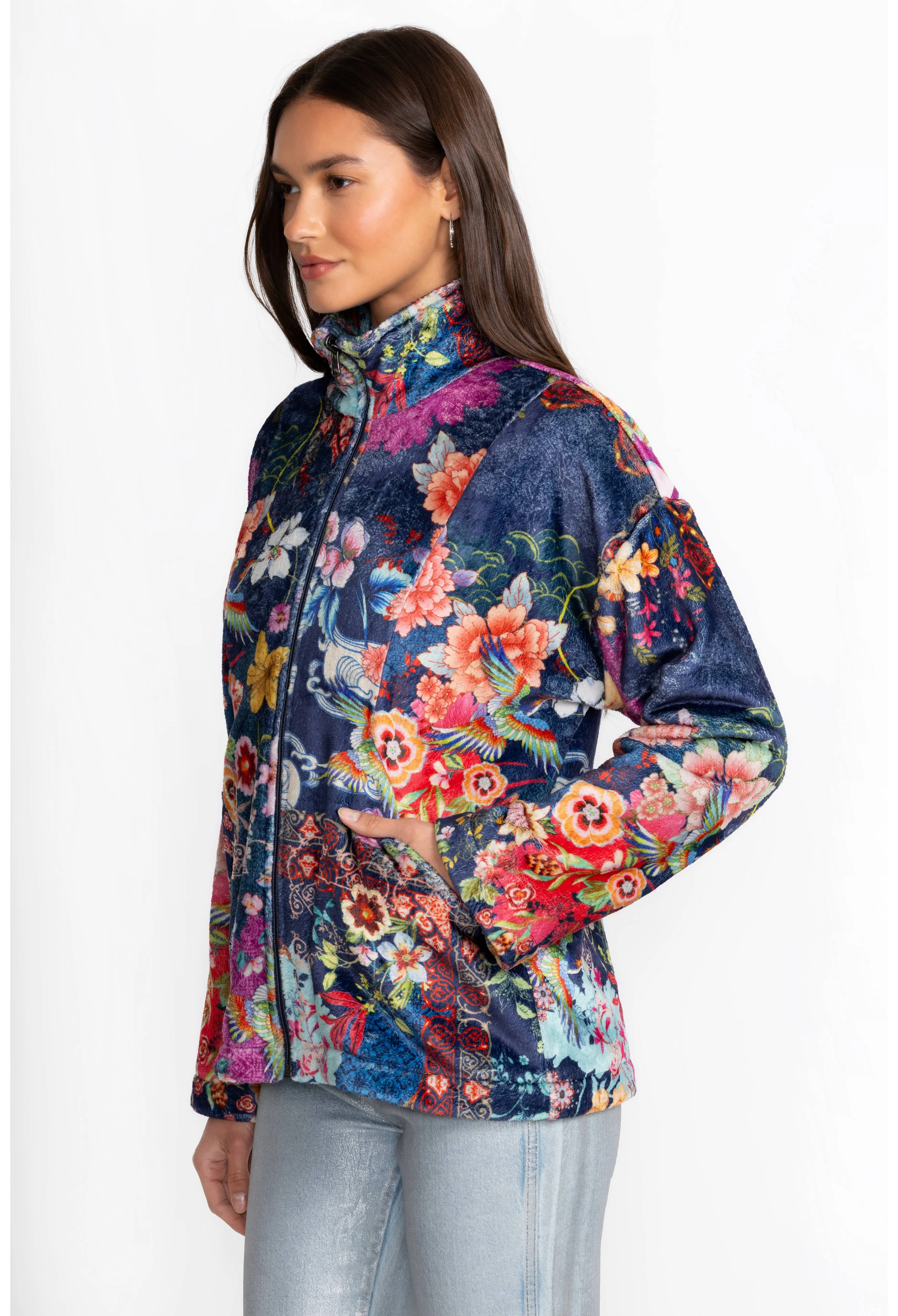Johnny Was Joan Zip Cozy Sherpa Jacket Reversible Floral Mcdreamer Night Blue NEW