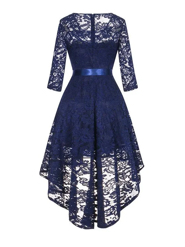 Lace O Neck 3/4 Length Sleeve High Low Hem Vintage Dress