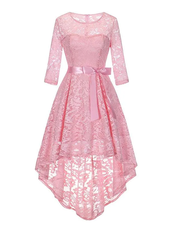 Lace O Neck 3/4 Length Sleeve High Low Hem Vintage Dress