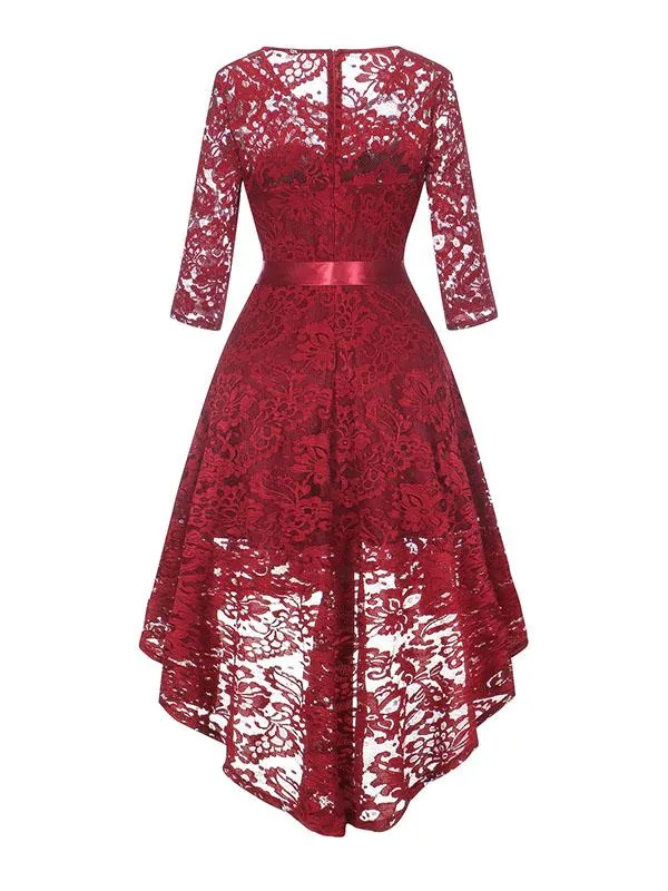 Lace O Neck 3/4 Length Sleeve High Low Hem Vintage Dress