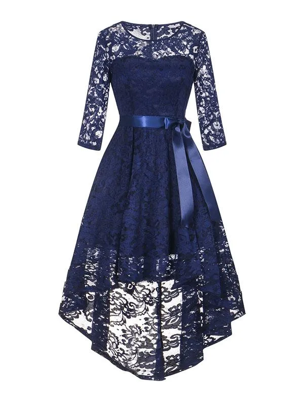 Lace O Neck 3/4 Length Sleeve High Low Hem Vintage Dress