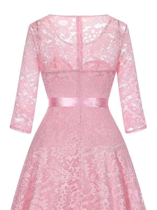 Lace O Neck 3/4 Length Sleeve High Low Hem Vintage Dress