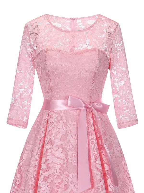 Lace O Neck 3/4 Length Sleeve High Low Hem Vintage Dress