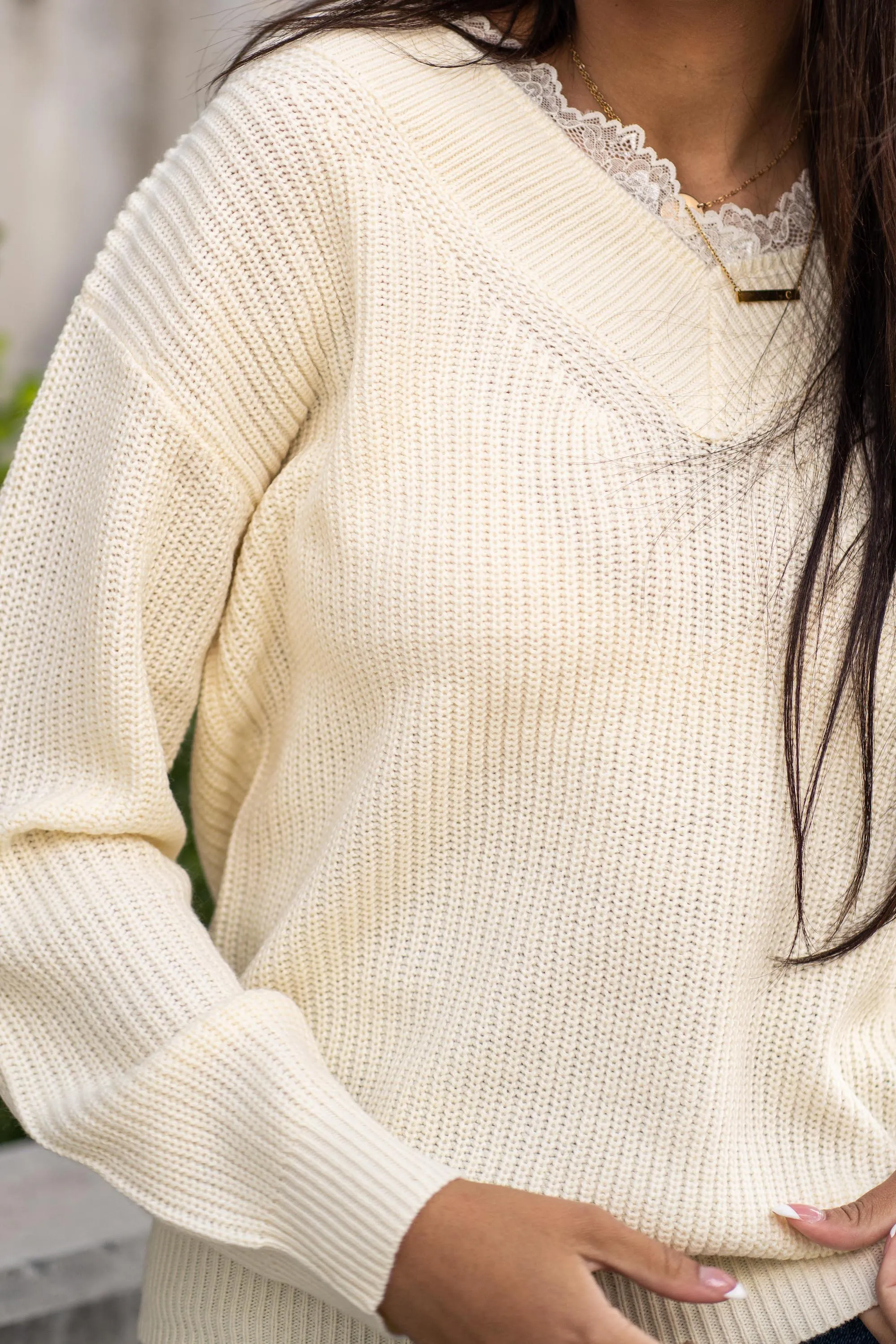 Lace V Neck Pull Over Sweater