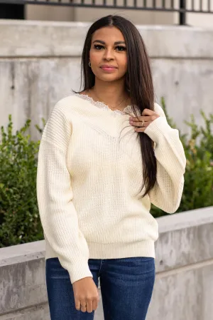 Lace V Neck Pull Over Sweater