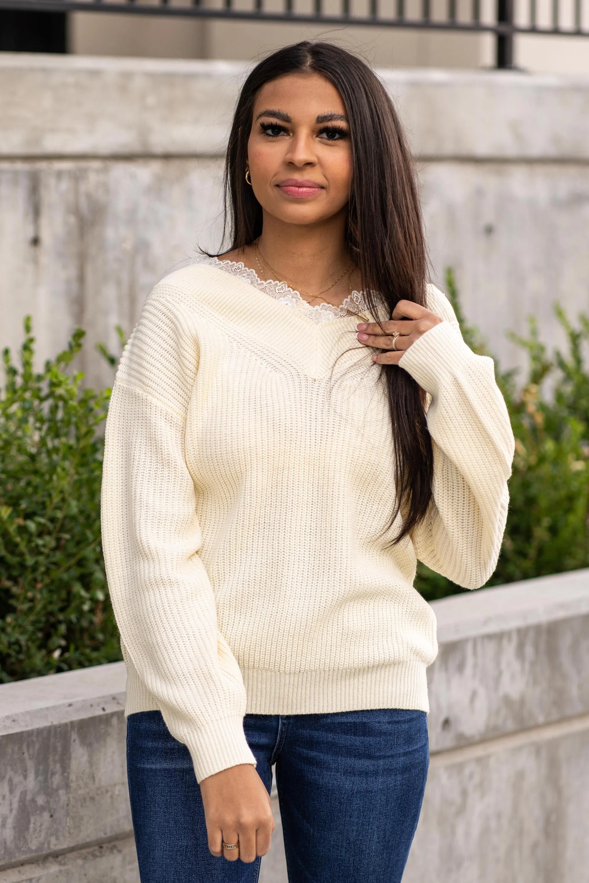 Lace V Neck Pull Over Sweater
