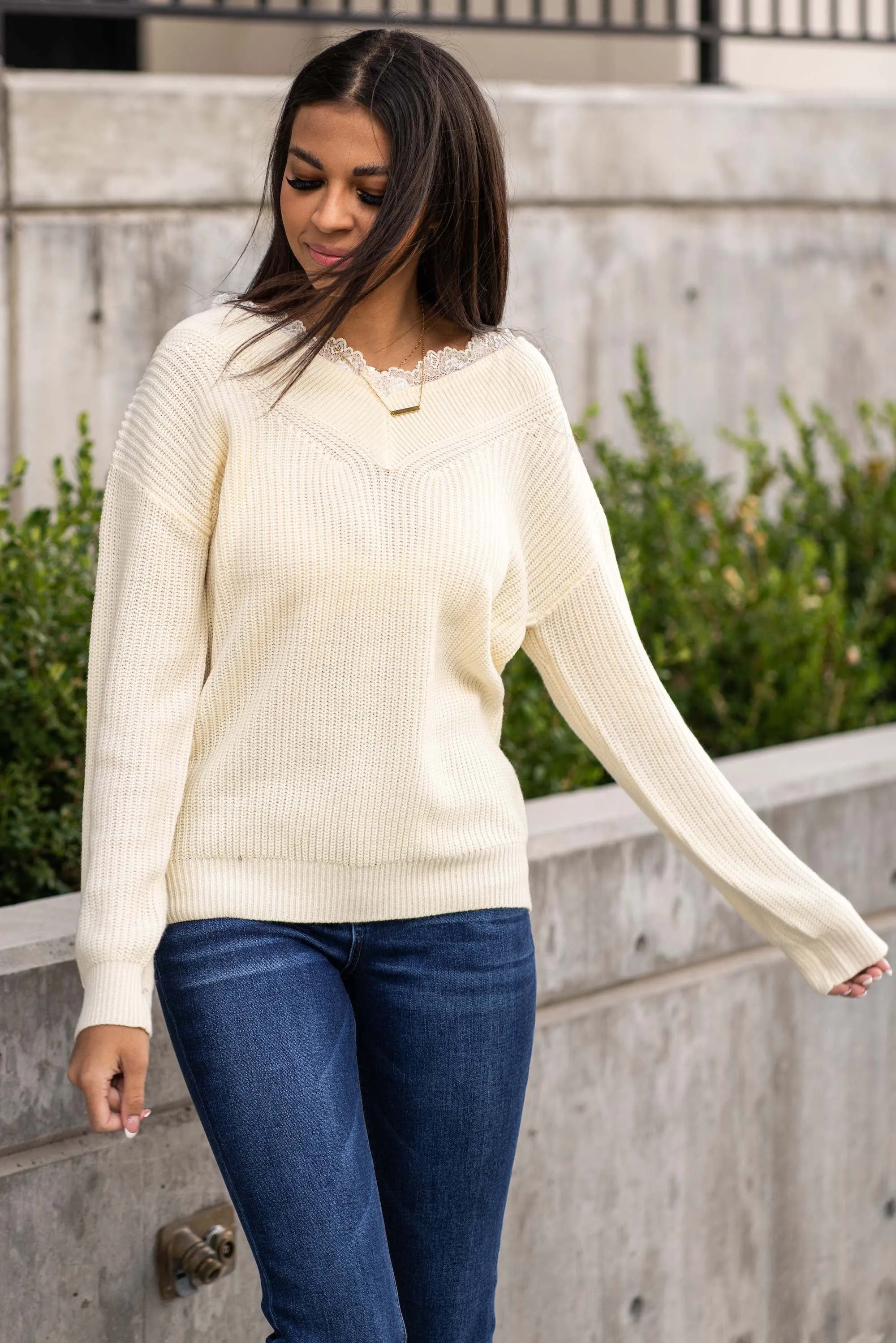 Lace V Neck Pull Over Sweater