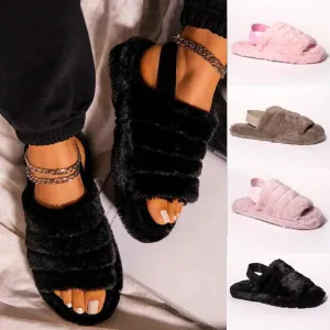 LADIES FAUX FUR SLIPPERS ELATIC SLINGBACK OPEN TOE SLIP ON SLIDER SLIPPERS 3-8