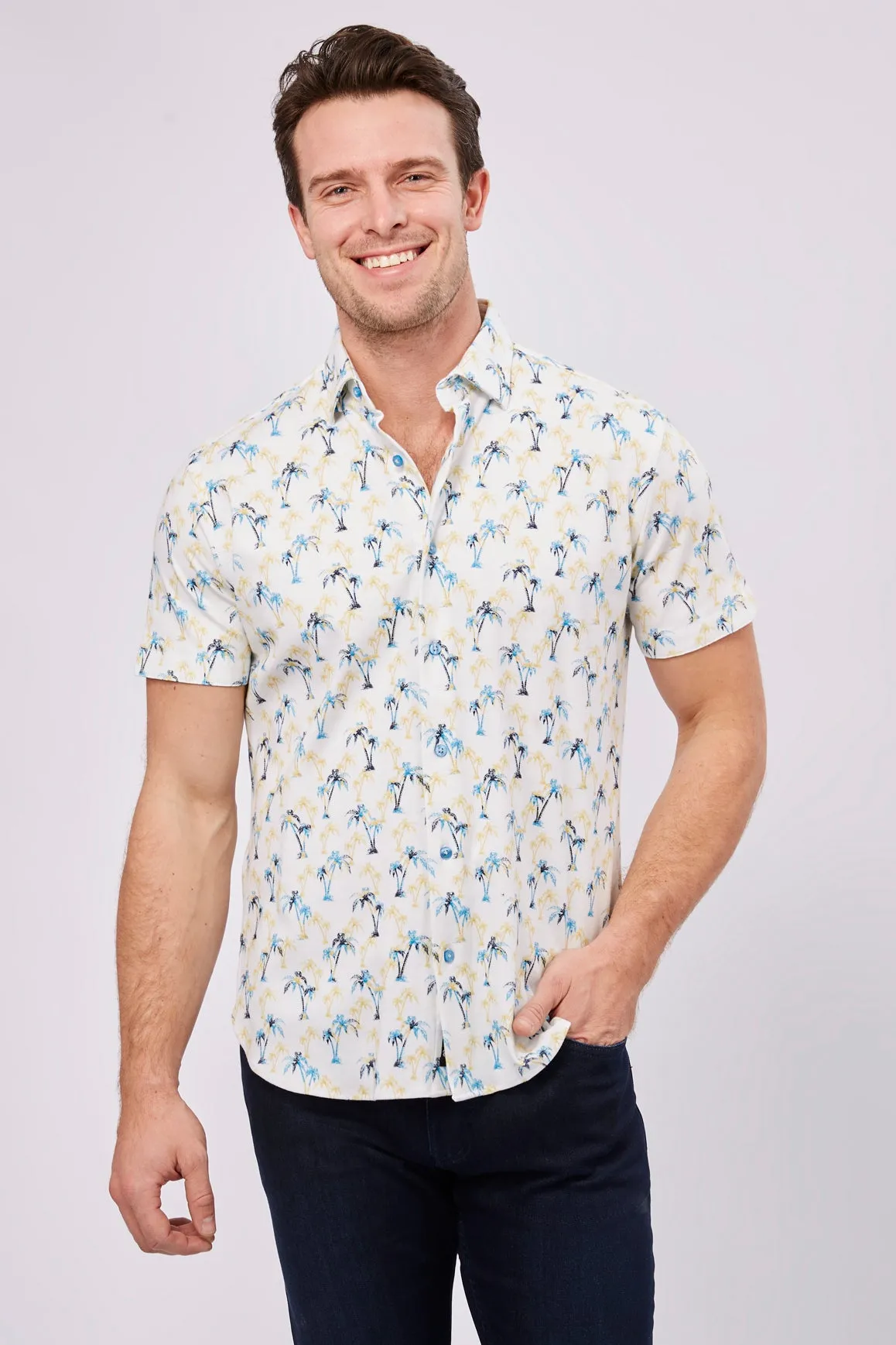 Max Colton Royal Blue, Navy and Gold Palm Trees Short Sleeve Jersey Knit