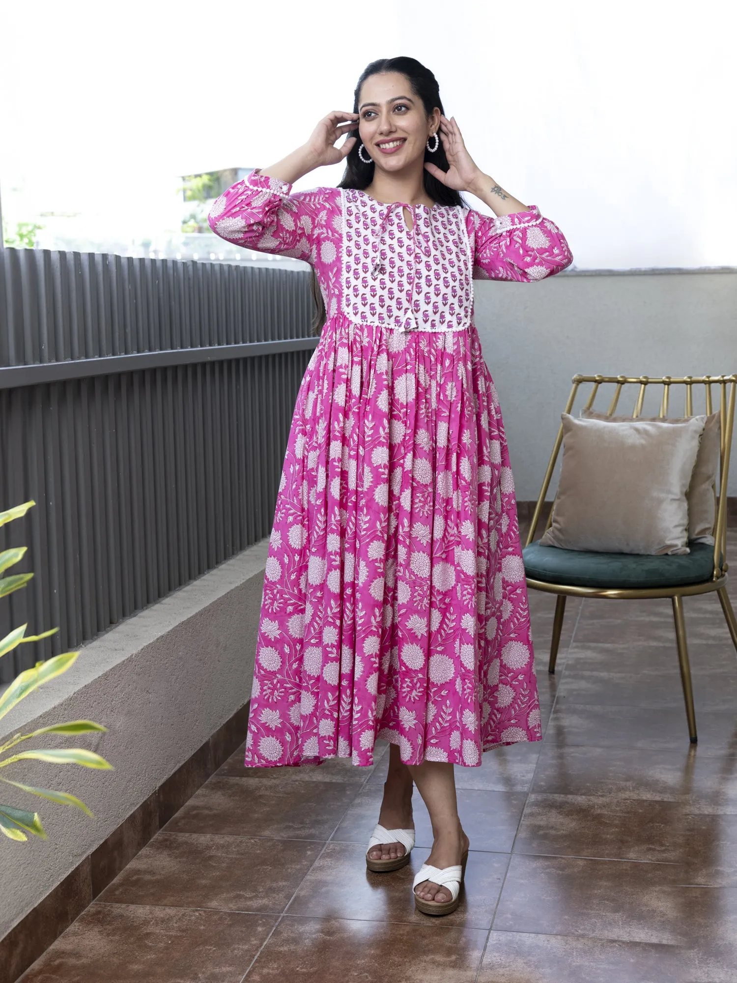 MULMUL IKSHITA FLORAL BLOCK PRINTED DRESS