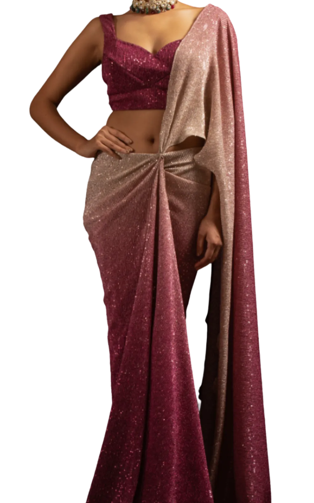 Ombre Blush Pink and Wine Shimmering Pre-Draped Sari