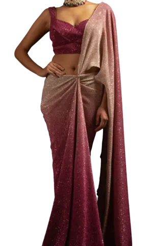 Ombre Blush Pink and Wine Shimmering Pre-Draped Sari