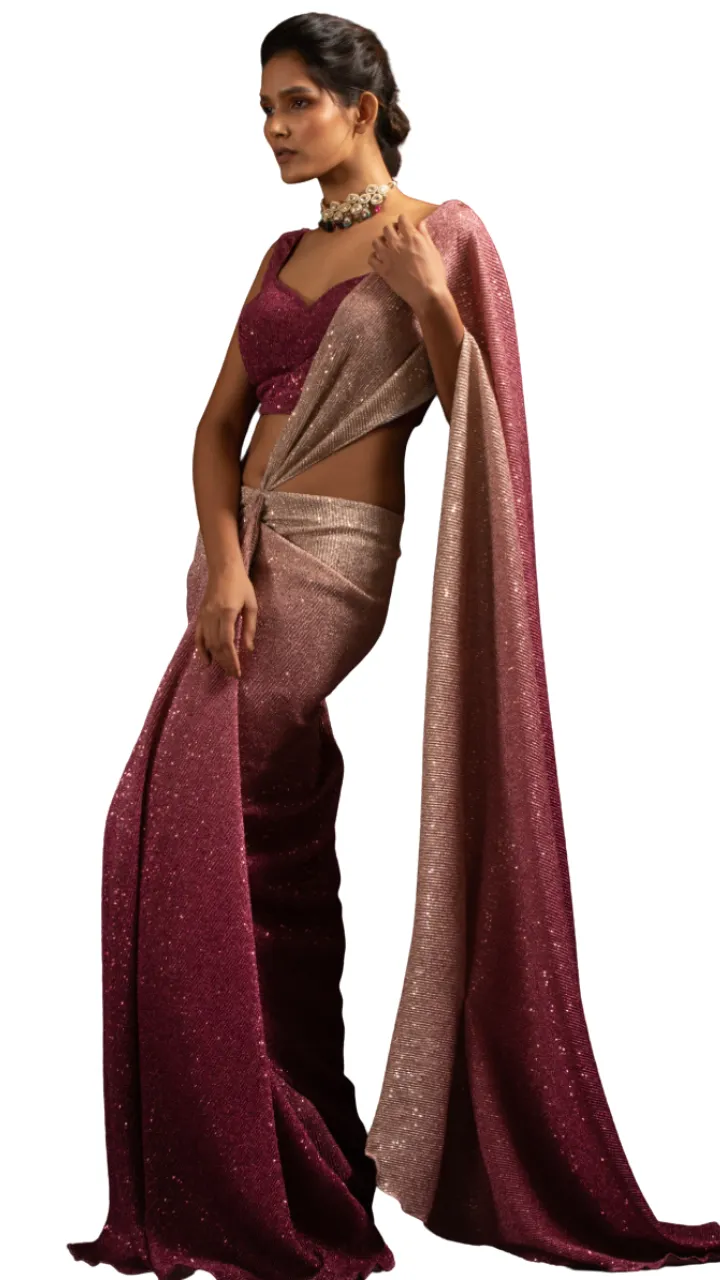 Ombre Blush Pink and Wine Shimmering Pre-Draped Sari
