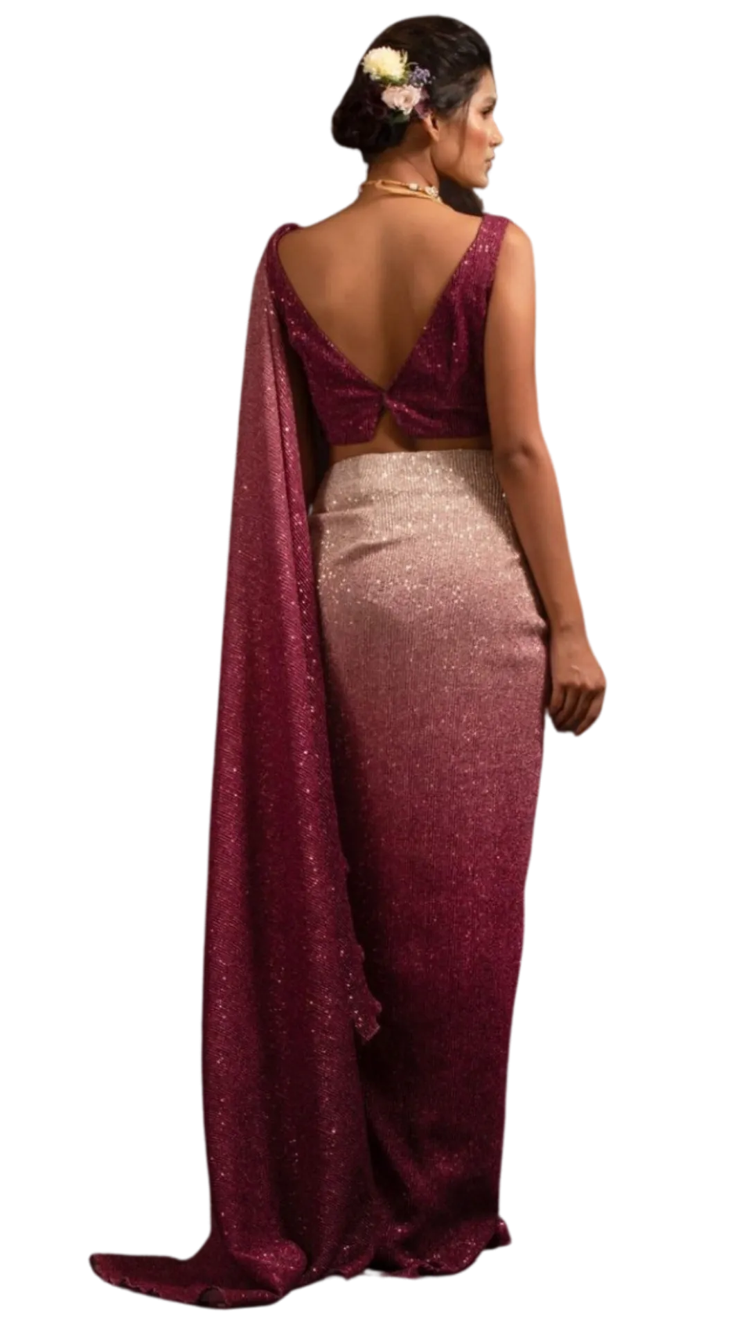 Ombre Blush Pink and Wine Shimmering Pre-Draped Sari