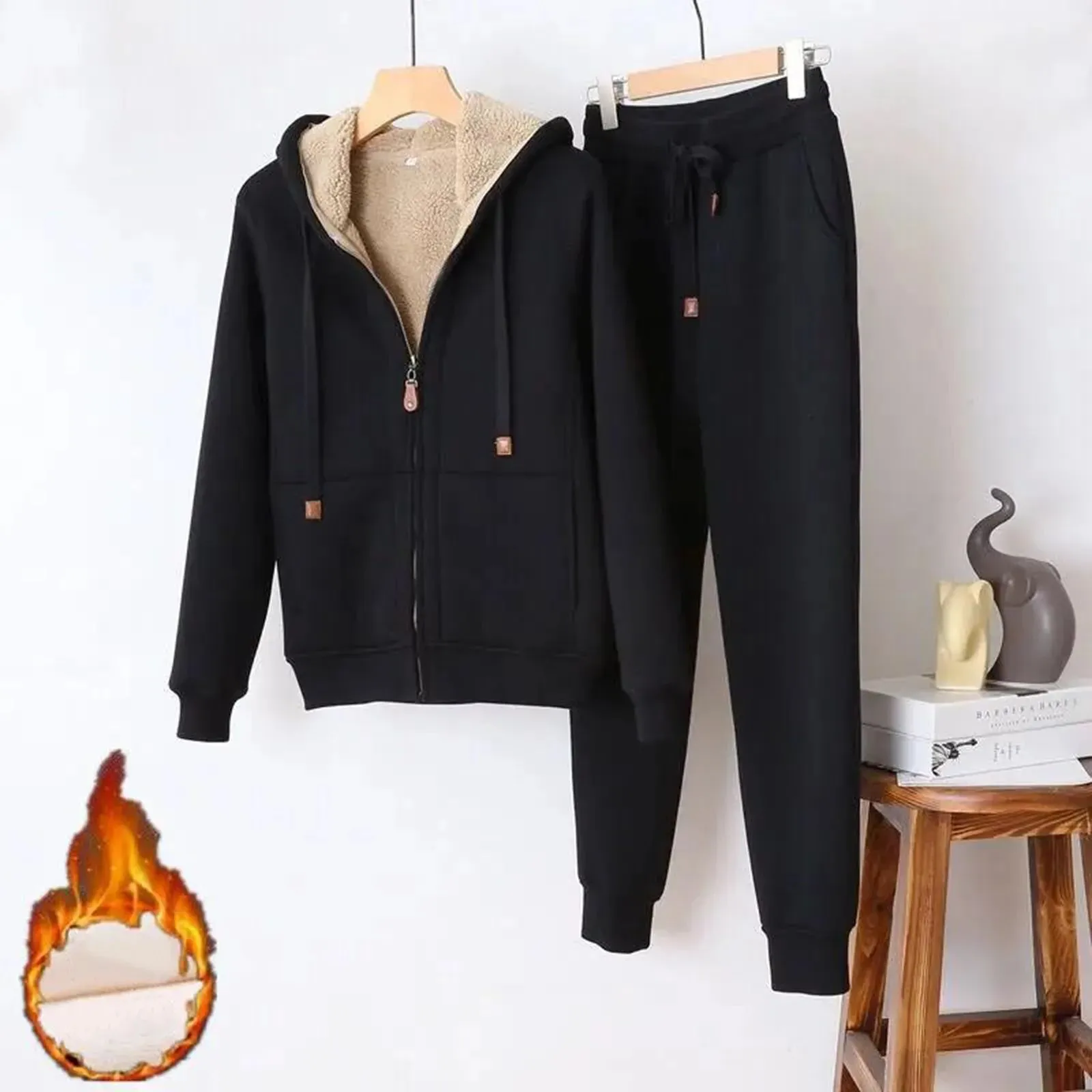 Plush Solid Two Piece Sets Zipper Pocket Hoodies Coat Drawstring Pants Set Hoodies Casual Warm Outfit For Women Autumn Winter