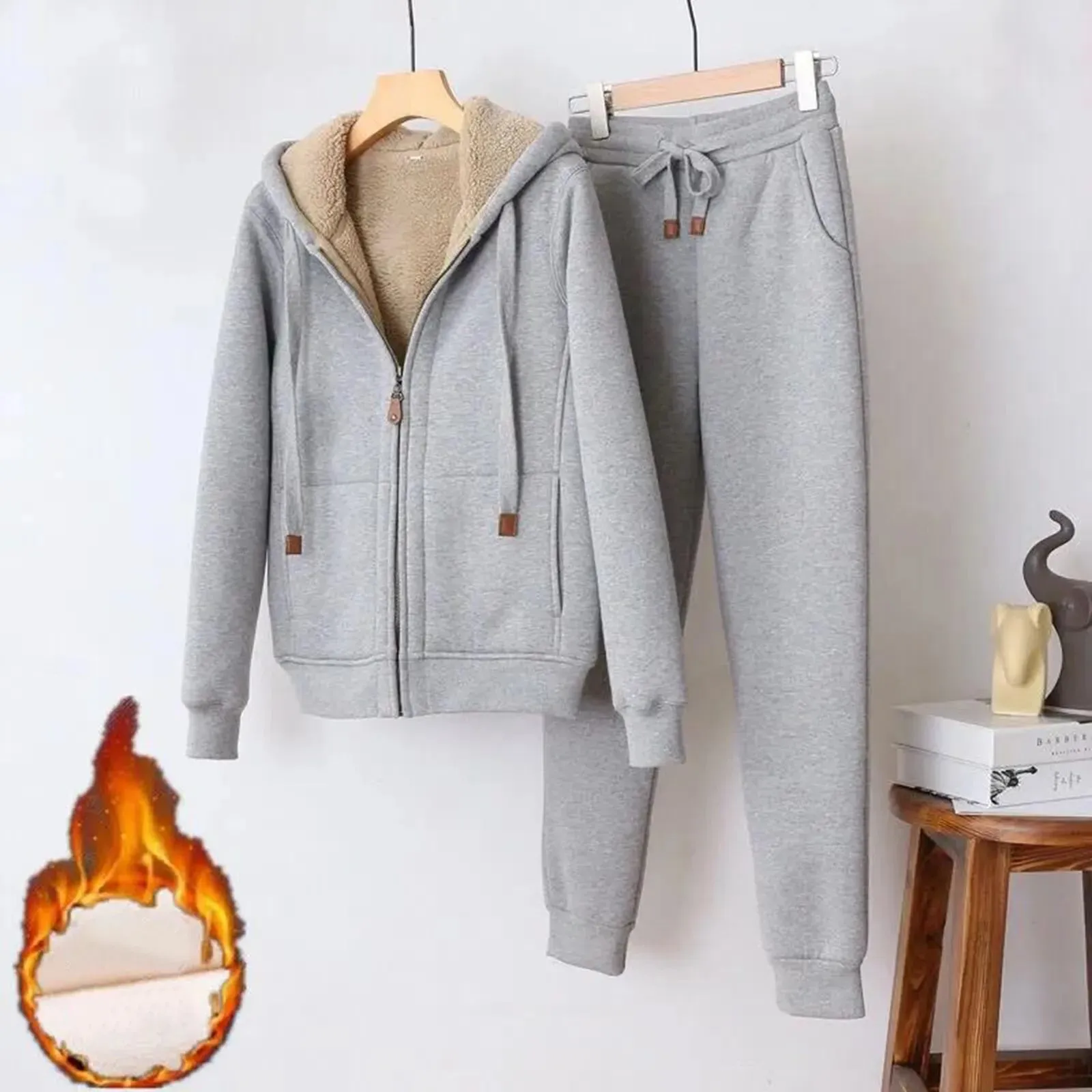 Plush Solid Two Piece Sets Zipper Pocket Hoodies Coat Drawstring Pants Set Hoodies Casual Warm Outfit For Women Autumn Winter