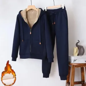 Plush Solid Two Piece Sets Zipper Pocket Hoodies Coat Drawstring Pants Set Hoodies Casual Warm Outfit For Women Autumn Winter