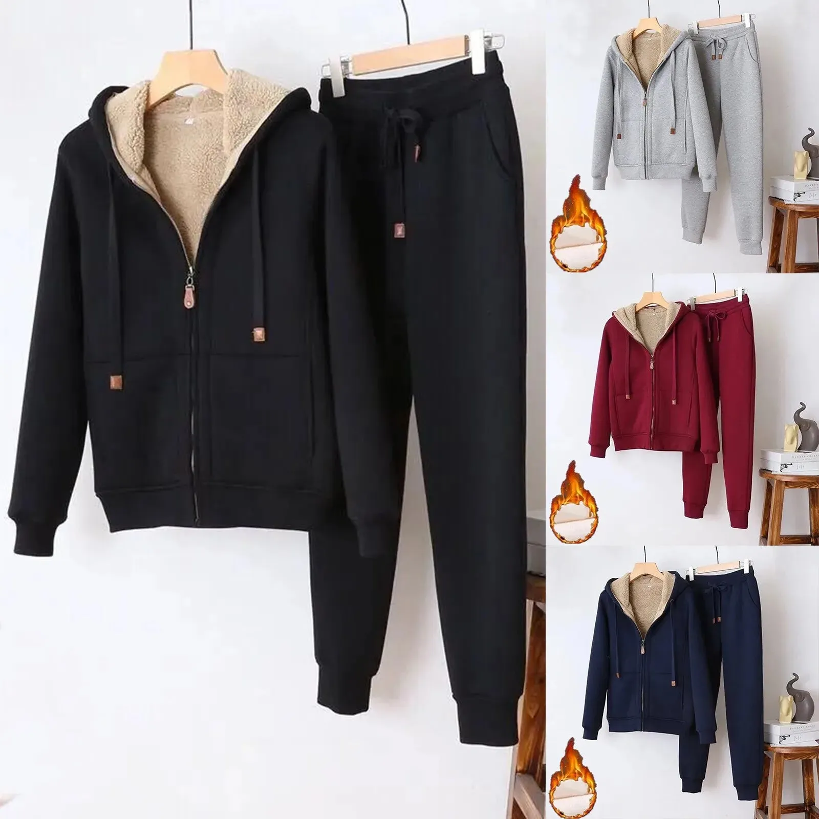 Plush Solid Two Piece Sets Zipper Pocket Hoodies Coat Drawstring Pants Set Hoodies Casual Warm Outfit For Women Autumn Winter