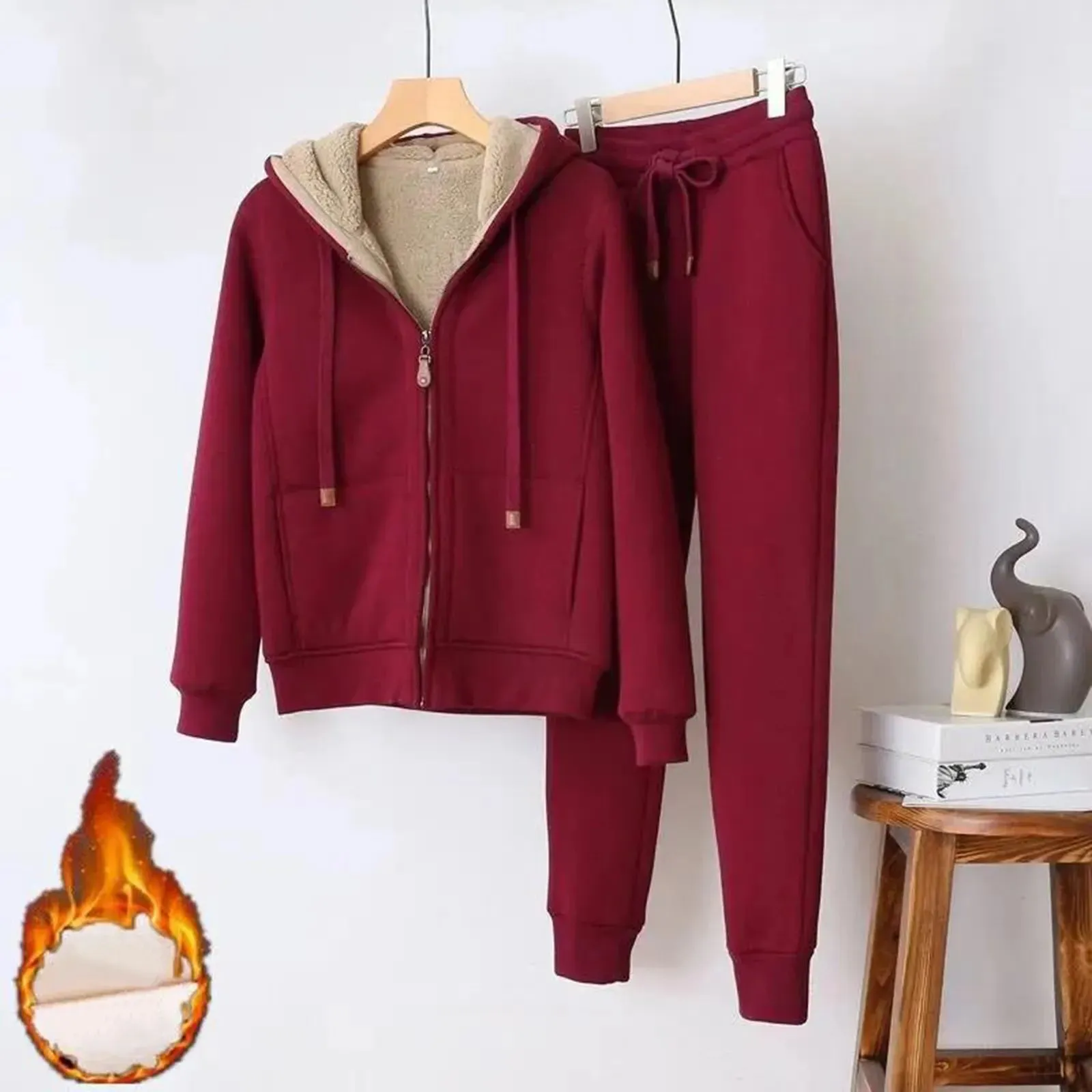 Plush Solid Two Piece Sets Zipper Pocket Hoodies Coat Drawstring Pants Set Hoodies Casual Warm Outfit For Women Autumn Winter