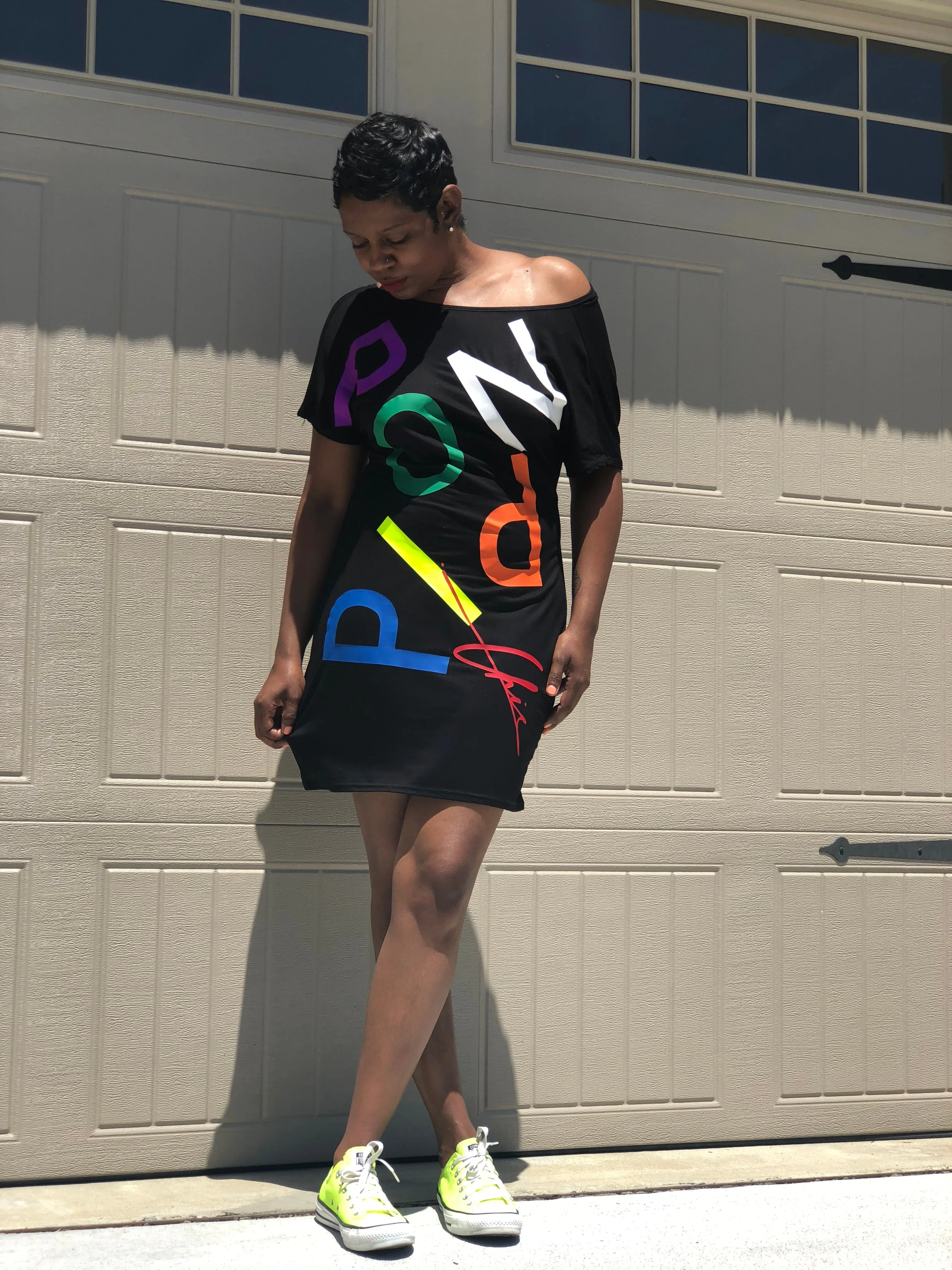 Rainbow POPPIN Chic T-shirt Dress with Open Back