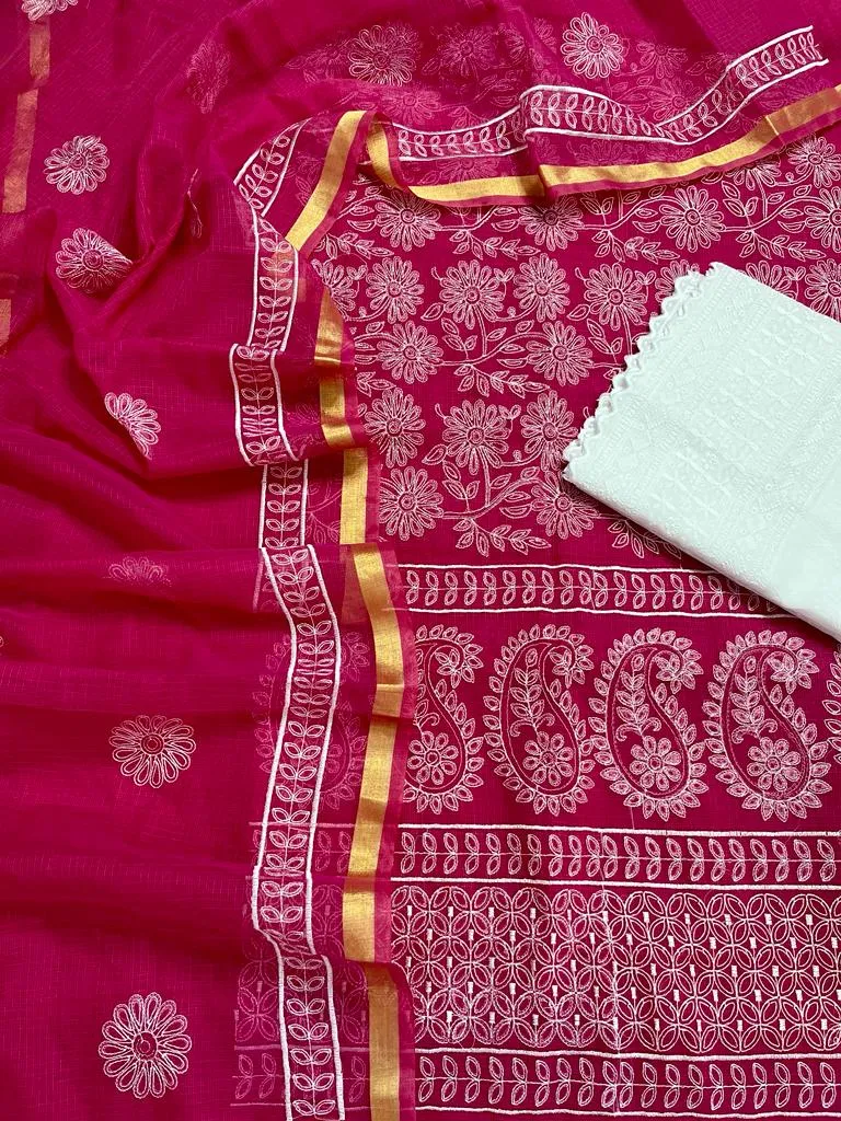 Red Embroided Cotton Kota Doria Suit Fabric With Dupatta