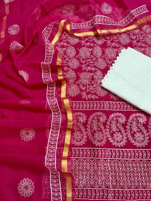Red Embroided Cotton Kota Doria Suit Fabric With Dupatta