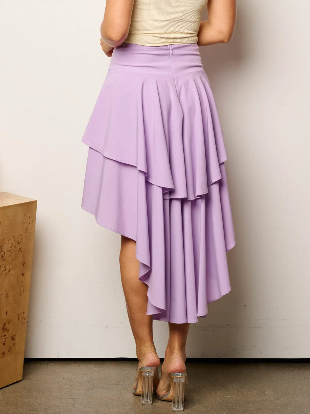 WOMEN'S ELASTIC WAIST HIGH-LOW MIDI SKIRT