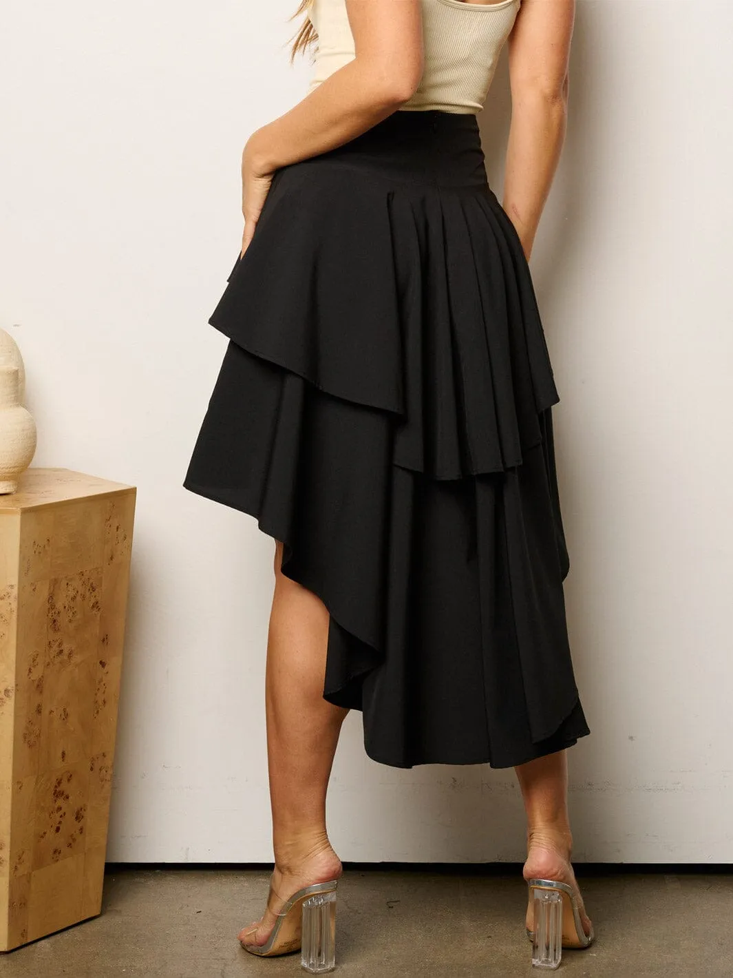 WOMEN'S ELASTIC WAIST HIGH-LOW MIDI SKIRT