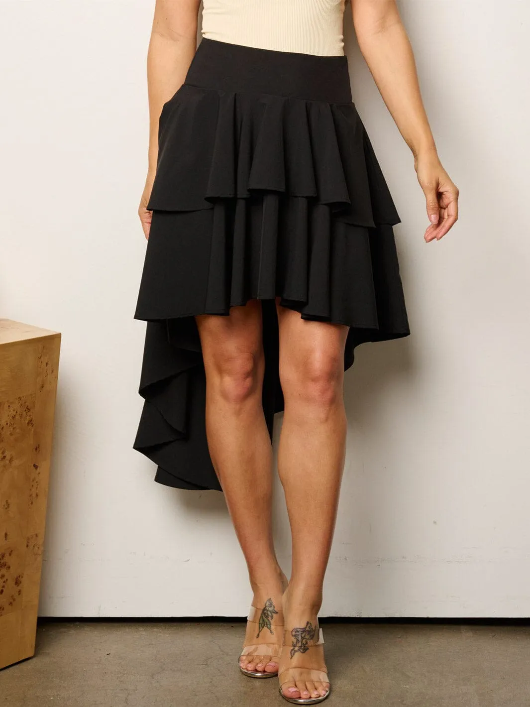 WOMEN'S ELASTIC WAIST HIGH-LOW MIDI SKIRT