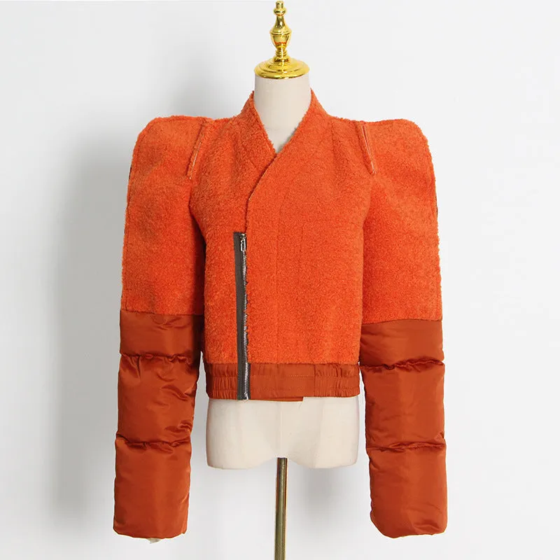 Women's fleece jacket contrast stitching short winter coat