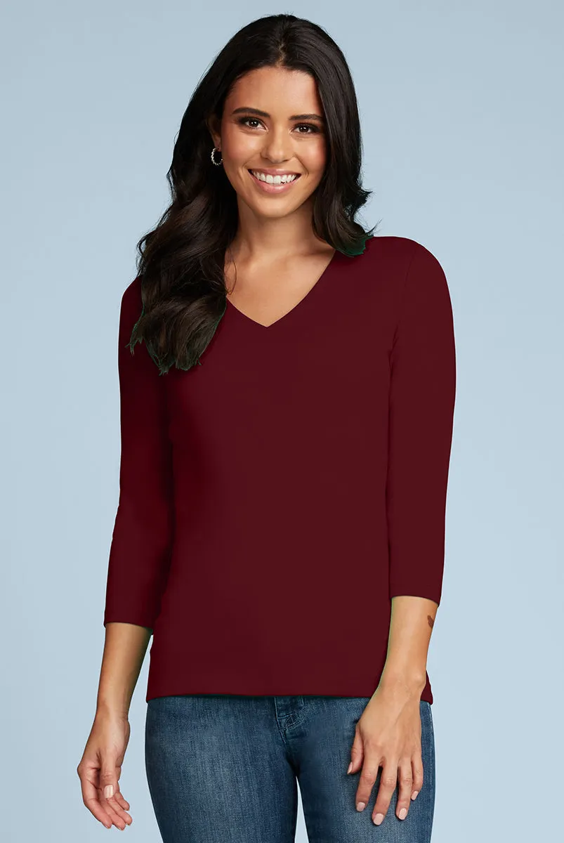 Women's Judy P | V-Neck 3/4 Sleeve Top | Burgundy