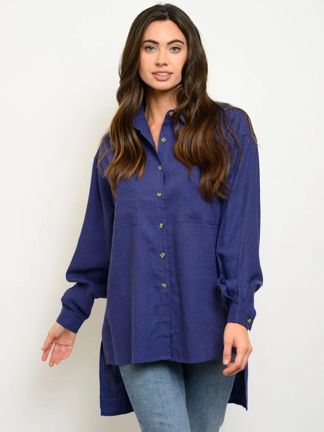WOMEN'S LONG SLEEVE HIGH-LOW BUTTON UP TOP