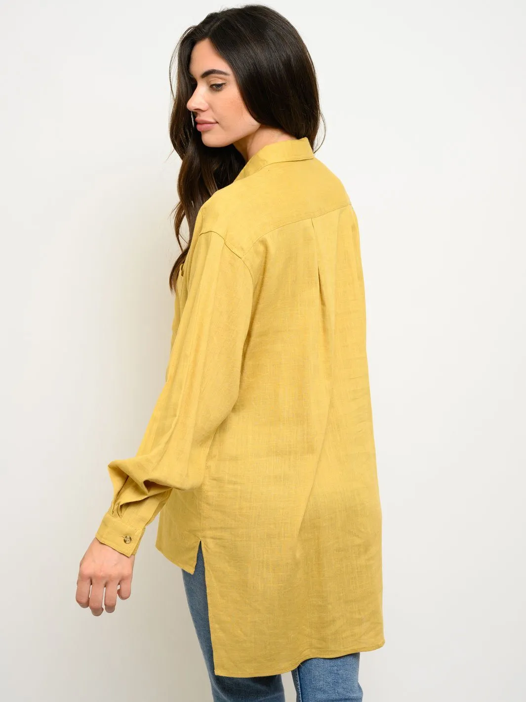 WOMEN'S LONG SLEEVE HIGH-LOW BUTTON UP TOP