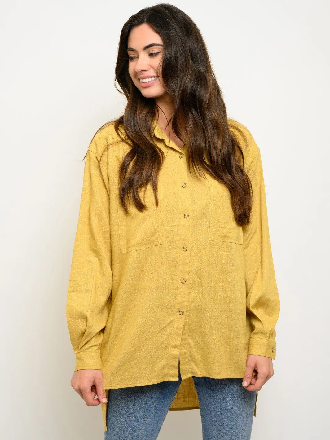 WOMEN'S LONG SLEEVE HIGH-LOW BUTTON UP TOP