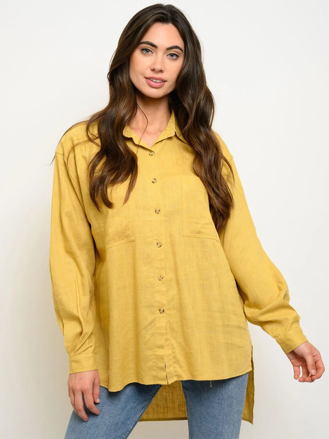 WOMEN'S LONG SLEEVE HIGH-LOW BUTTON UP TOP