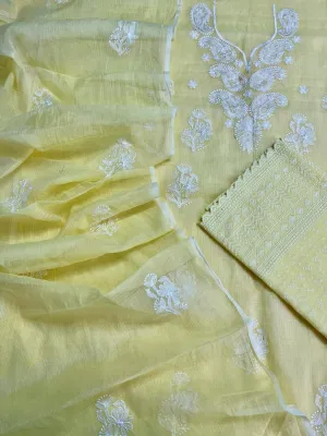 Yellow Embroided Cotton Kota Doria Suit With Dupatta