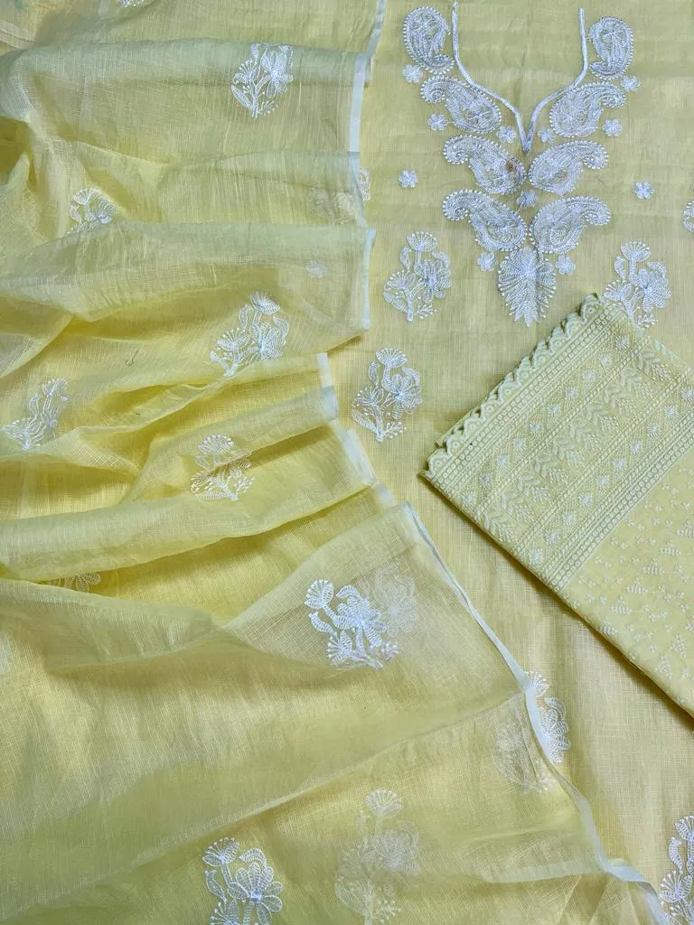 Yellow Embroided Cotton Kota Doria Suit With Dupatta